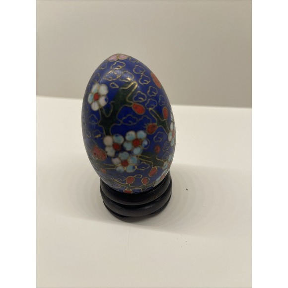 Vintage Oriental Cloisonné Enameled Egg Floral Pattern Flowers Blue w/ Stand - Picture 2 of 4